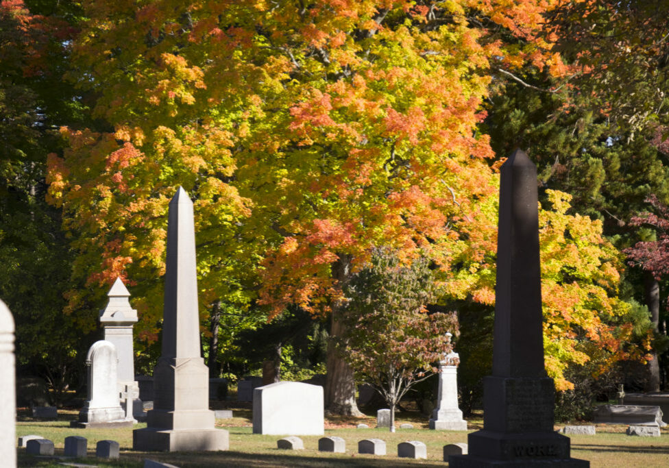 Granite and brownstone obelisks at Cedar Hill Cemetery